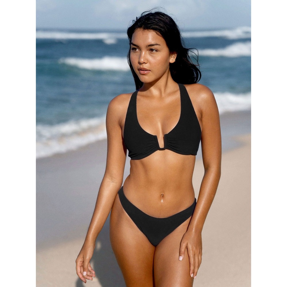 Berlook Black Ribbed V-Neck Lace-Up Back‎ Bikini Set Recycled Swimwear Womens M